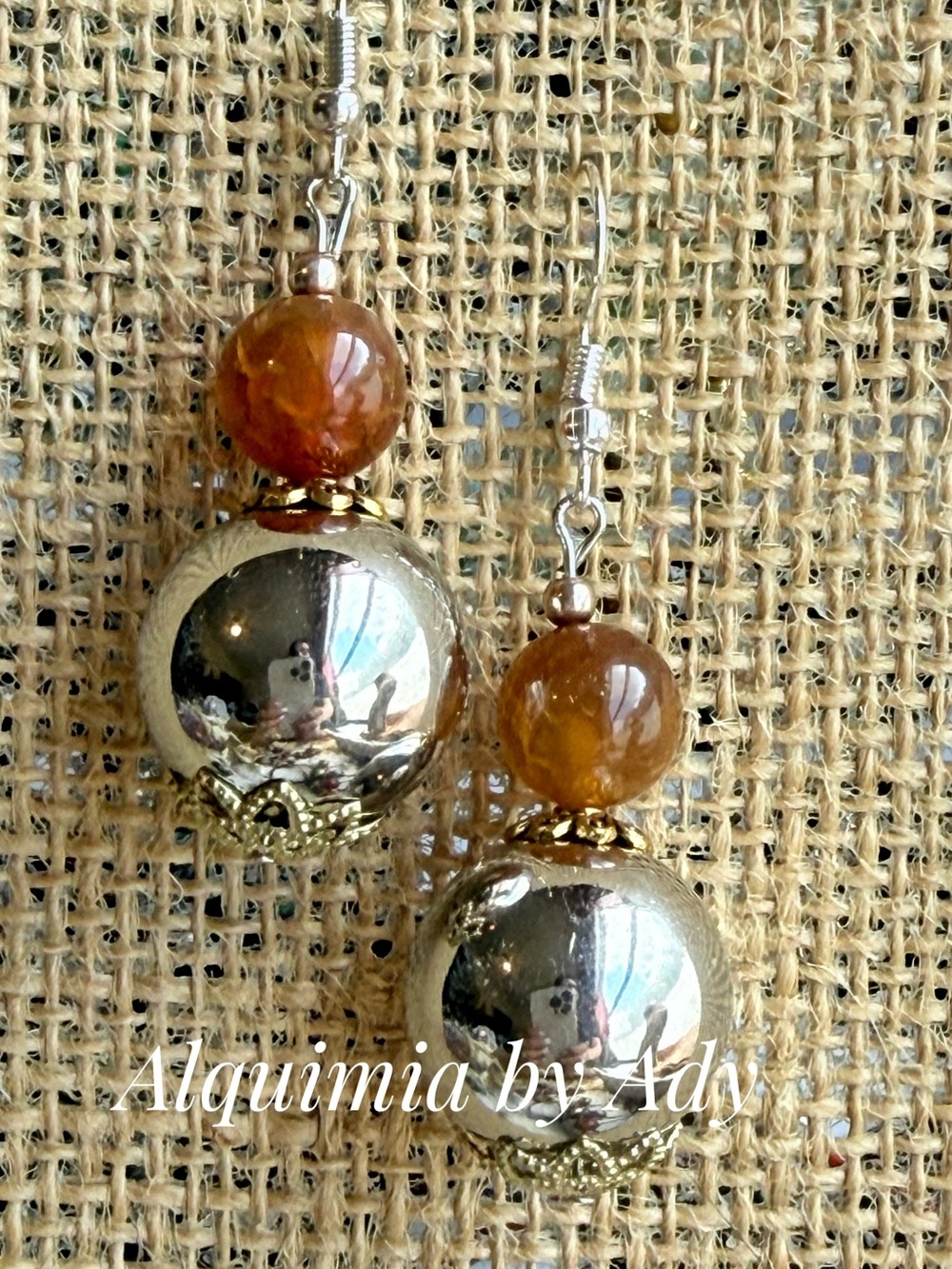 CHUNKY Amber and Silver Reflective Drop Earrings